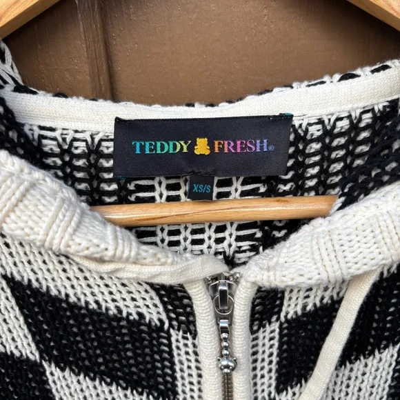 Teddy Fresh Full Zip Knit Hoodie Womens XS/S Checkered Multicolor Oversized - Picture 3 of 15